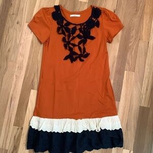 𝅺hazel Shortsleeved Dress Lace Trim Pockets Burnt Orange Women’s S